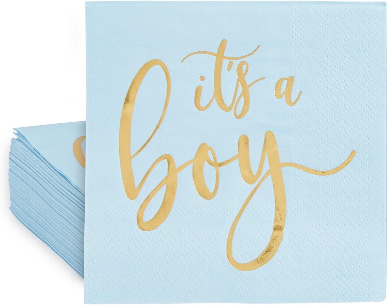 50 Pack Its a Boy Baby Shower Cocktail Napkins Party Supplies 5x5 inch, Blue with Gold Foil Table Napkin